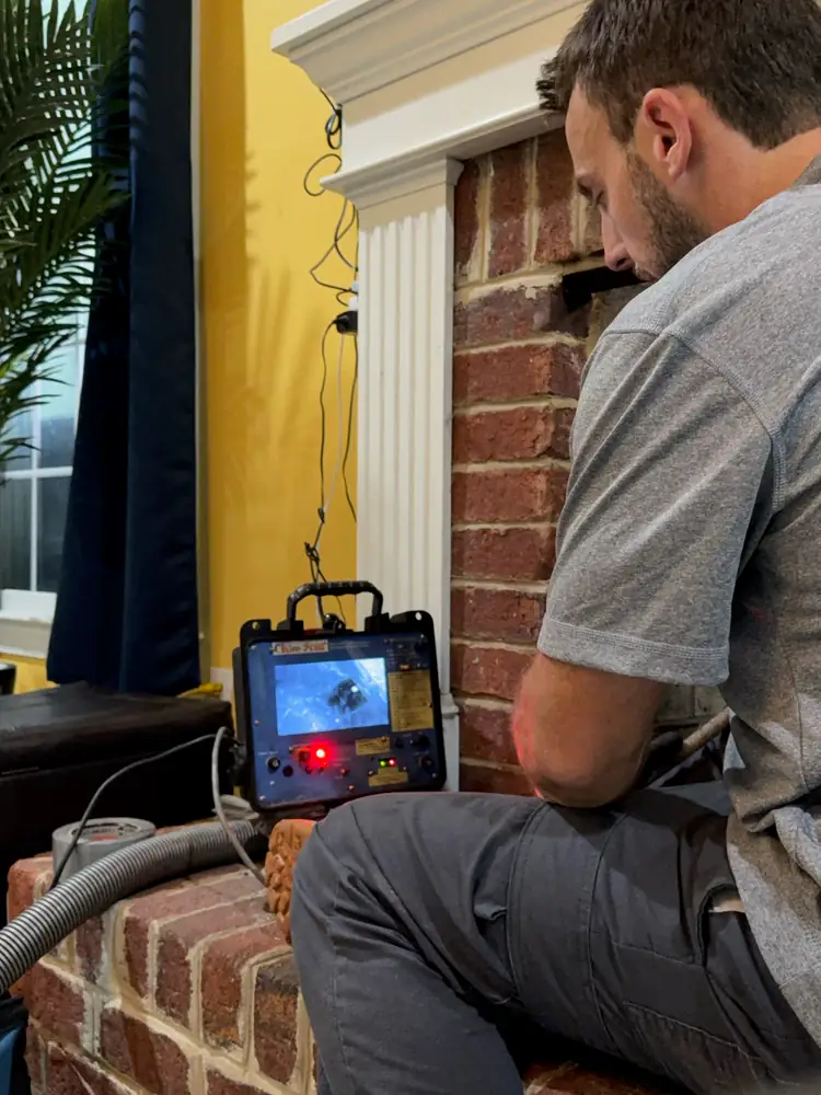 A Chesapeake Chimney technician running a camera chimney inspection in Southern Maryland