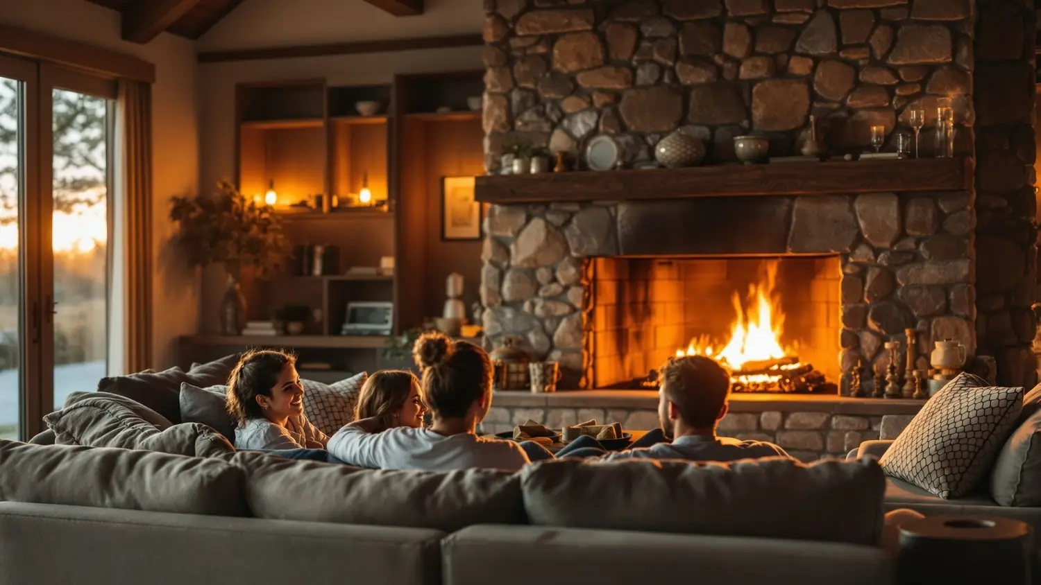 A family relaxing by the fire in their masonry fireplace in Southern Maryland