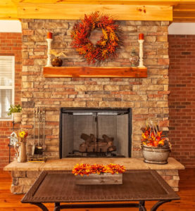 Fall Decorations around the mantel and fireplace in home